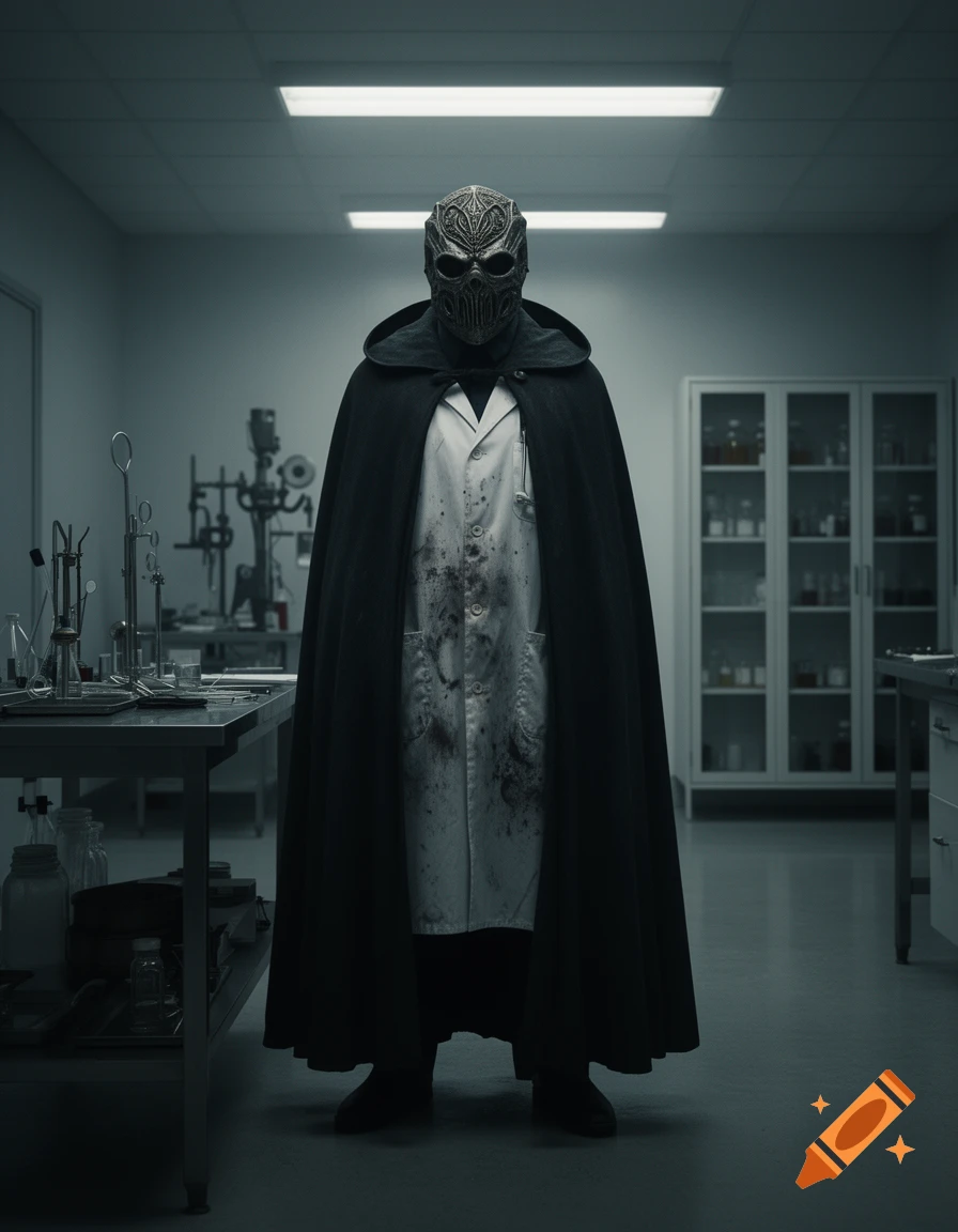 A masked figure in a blood-stained lab coat and black cape stands in a dimly lit, eerie laboratory with scientific equipment.