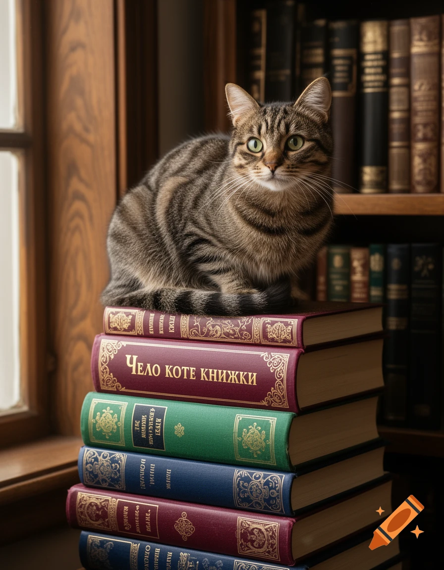 A photorealistic tabby cat with green eyes sits on a stack of colorful books, near a window and a bookshelf.