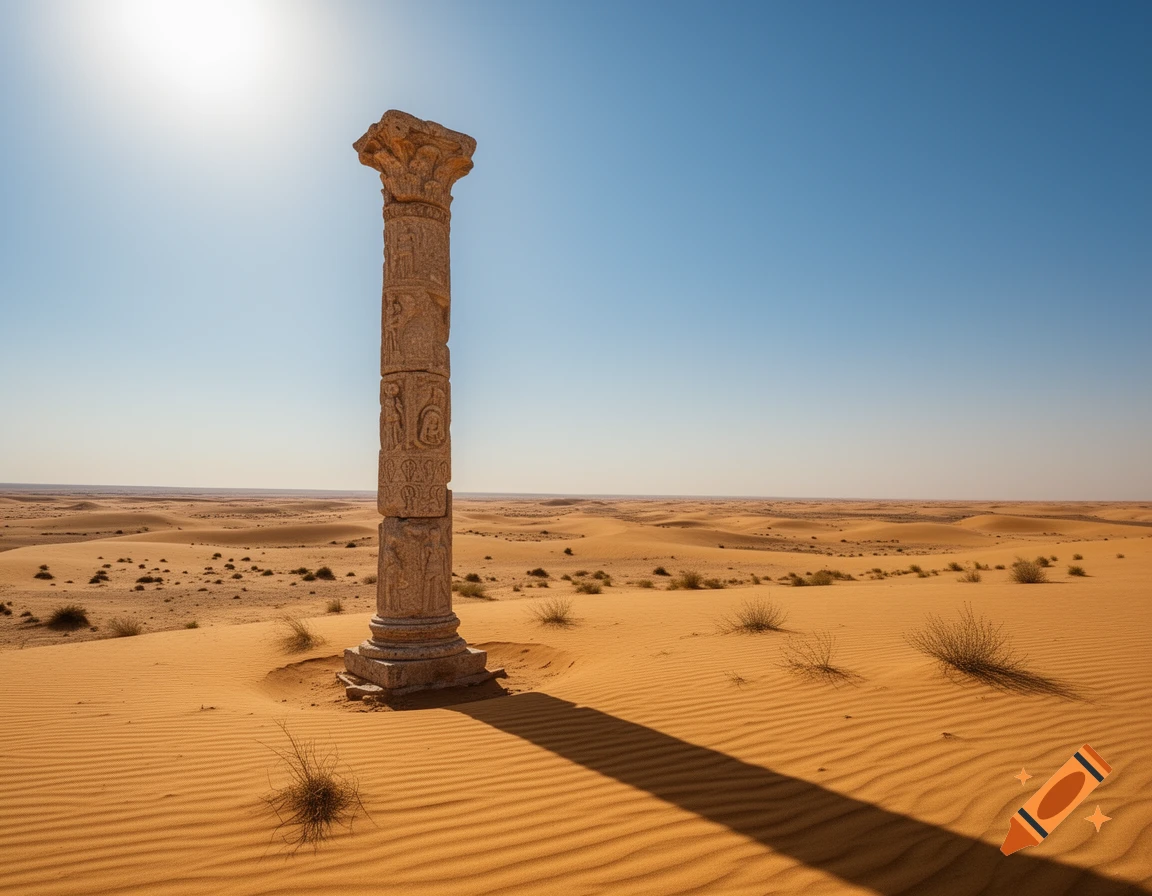 An ornate stone column stands under a bright sun in a vast, arid desert with rolling sand dunes and sparse dry vegetation.