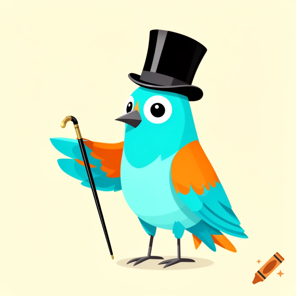A light blue and orange cartoon bird wearing a black top hat and holding a walking cane.