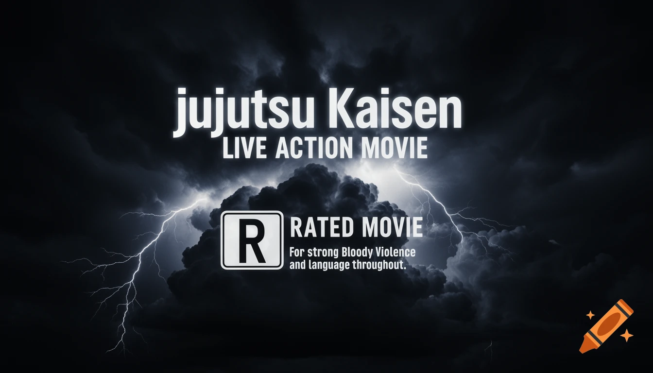 Movie poster for "Jujutsu Kaisen LIVE ACTION MOVIE" with an R rating, set against a dark, stormy sky with lightning.