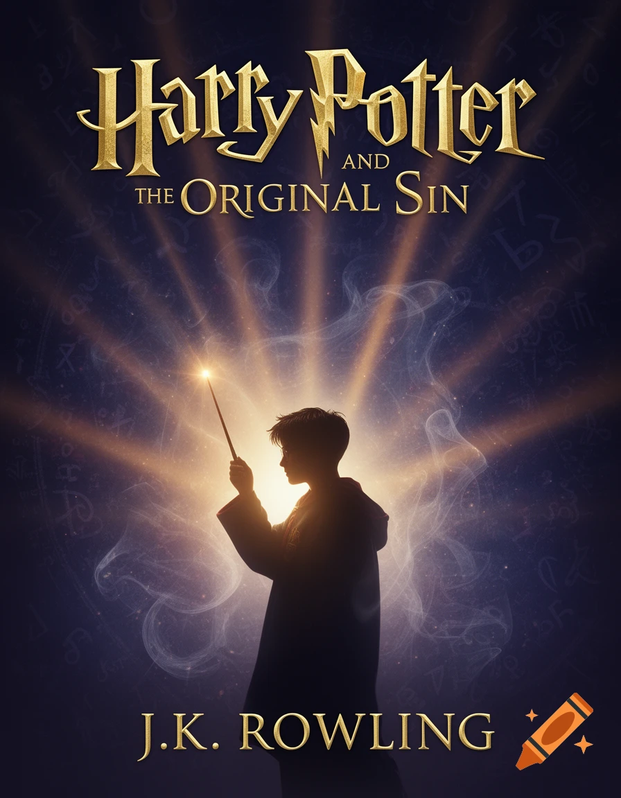 A dark fantasy book cover for 'Harry Potter and the Original Sin' by J.K. Rowling, featuring a silhouetted wizard holding a glowing wand.