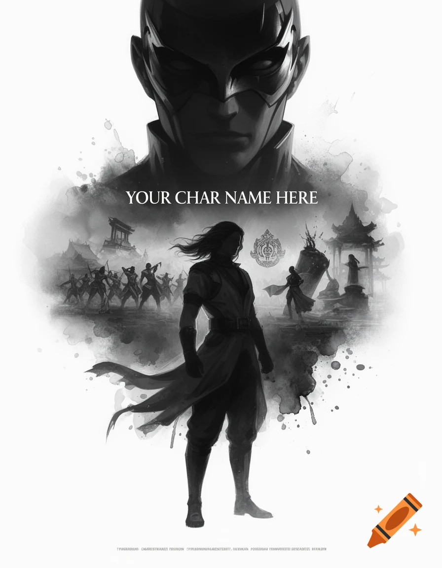 Monochromatic character poster featuring a masked figure and a long-haired hero on a battlefield, with 'YOUR CHAR NAME HERE' text.