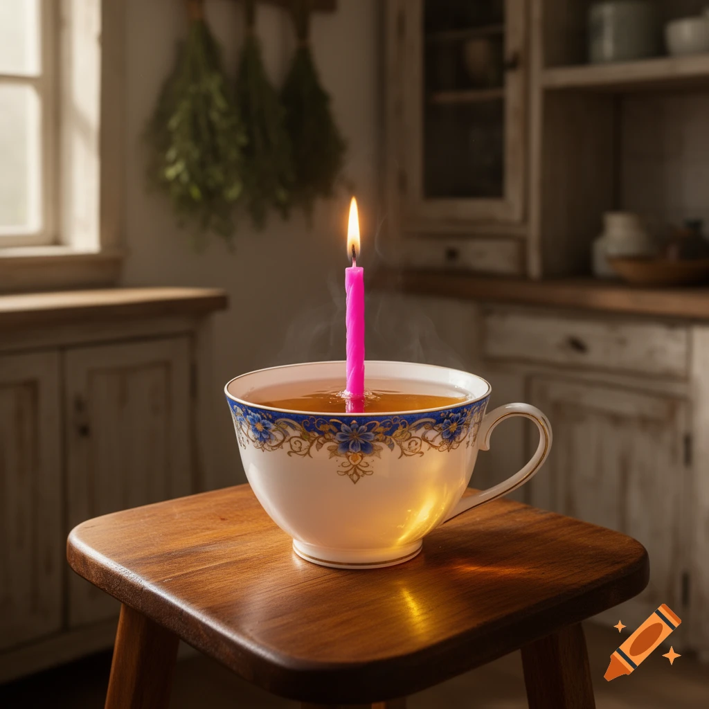A pink birthday candle burns brightly in a cup of tea on a wooden stool in a rustic kitchen.
