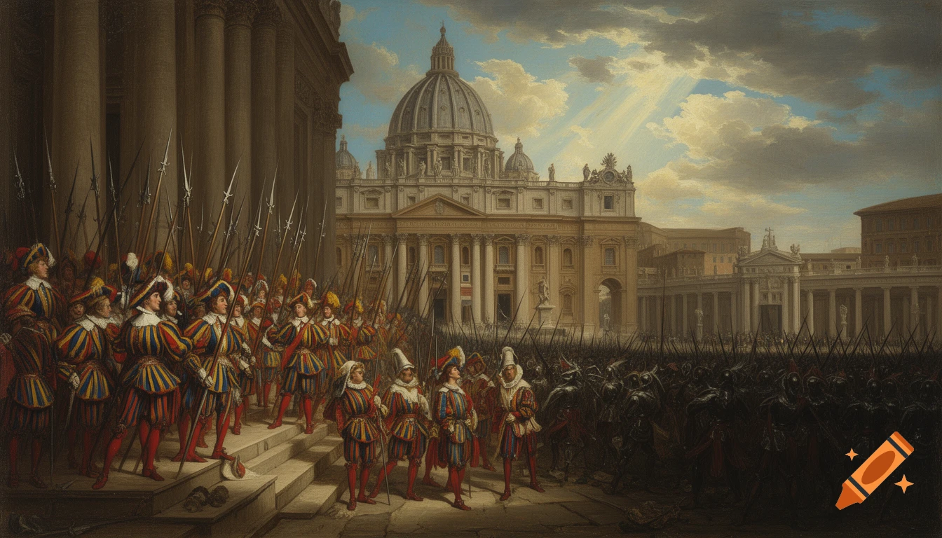 A detailed 19th-century oil painting shows Swiss guards with pikes on the steps of Saint Peter's Basilica, facing German mercenaries in the square.