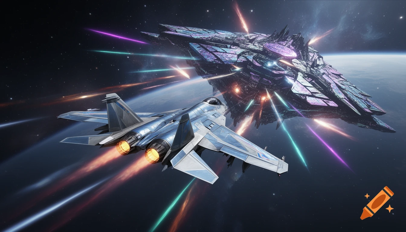 A futuristic fighter jet with glowing engines engages a large, iridescent alien spaceship in space above Earth, amidst colorful laser fire.