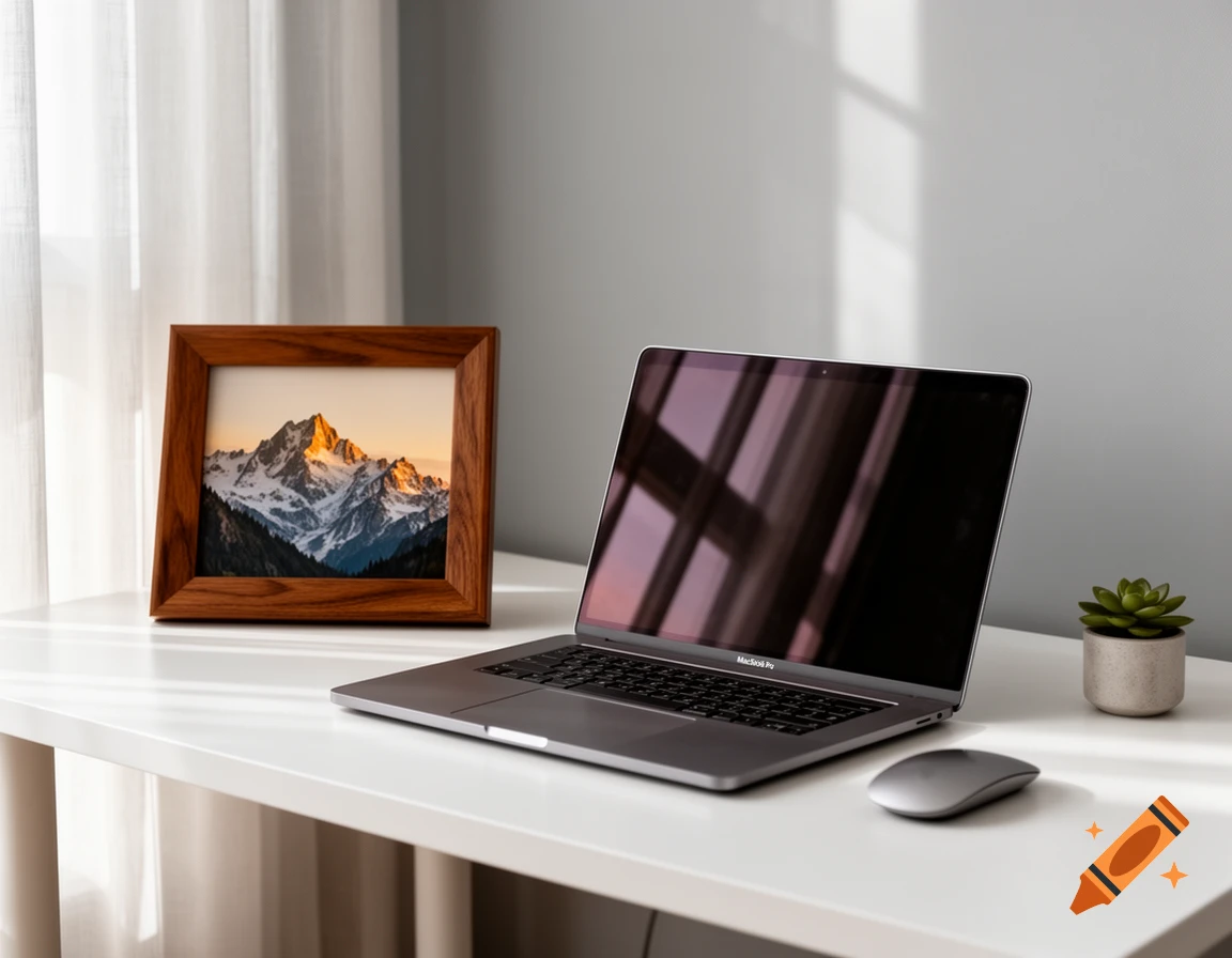 A minimalist desk setup features a silver MacBook Pro, a wireless mouse, a framed mountain landscape photo, and a small succulent plant.