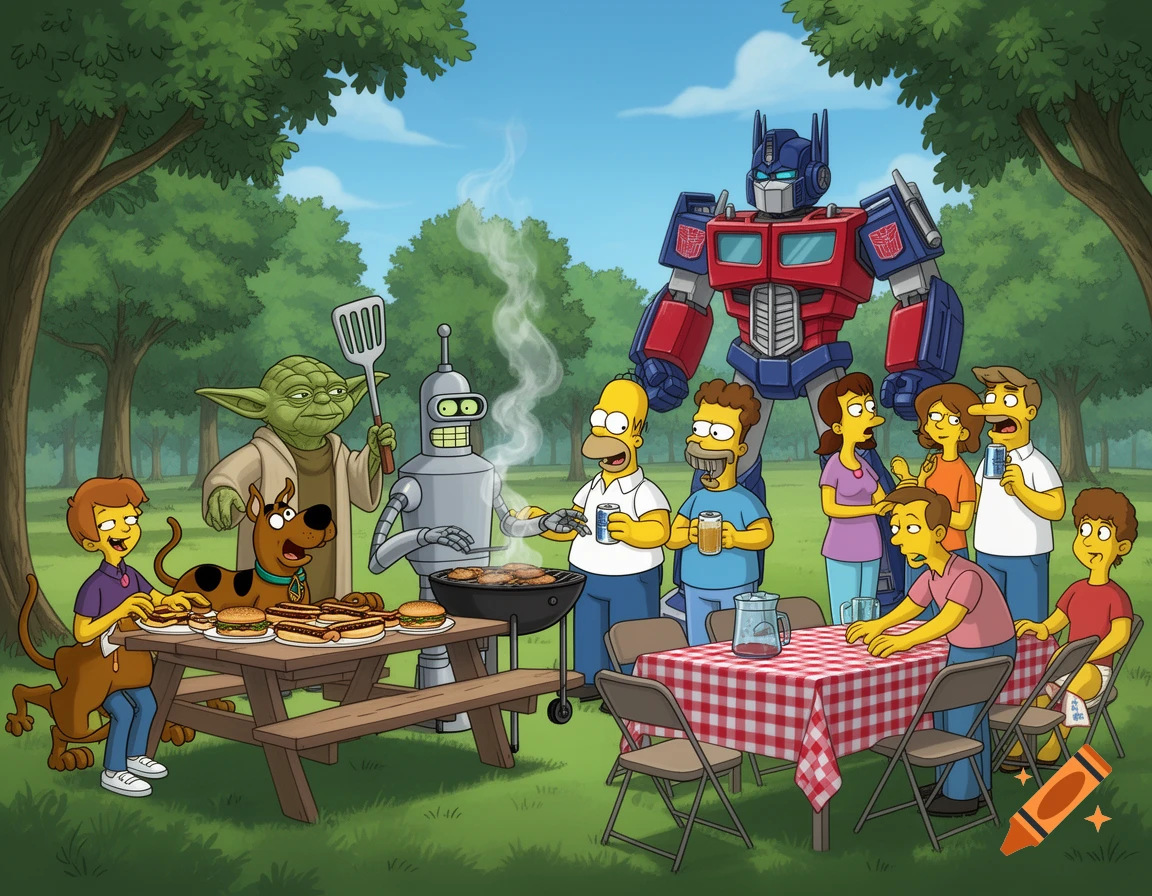 Yoda, Scooby Doo, Bender, Optimus Prime, and other cartoon characters from The Simpsons and King of the Hill enjoy a Memorial Day BBQ in a park.