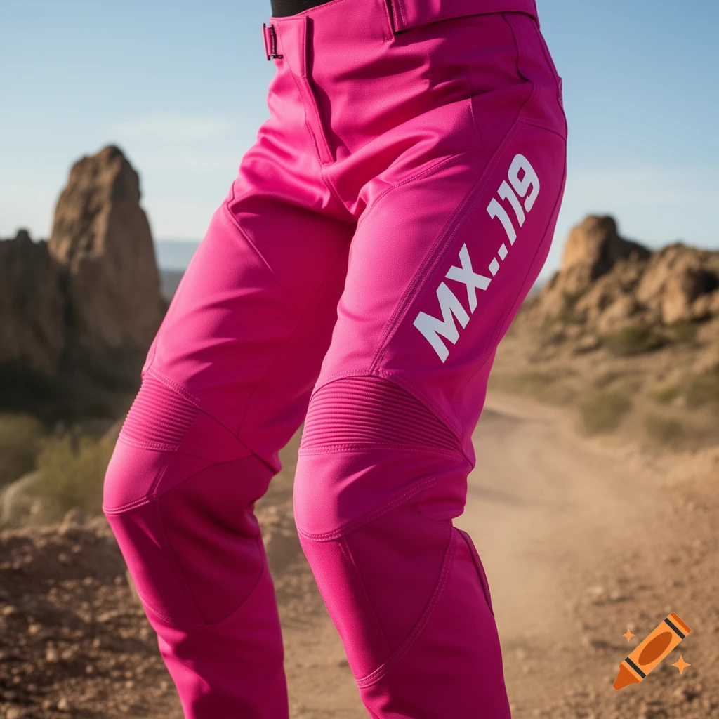Close-up of a person wearing bright pink motocross pants with "MX.119" written on the side, set against a desert landscape.