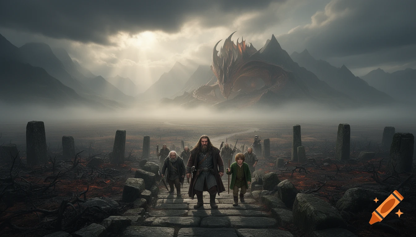 Adventurers, including a tall man, hobbit, and dwarves, walk on a stone path through a misty, desolate land with mountains and a red dragon.