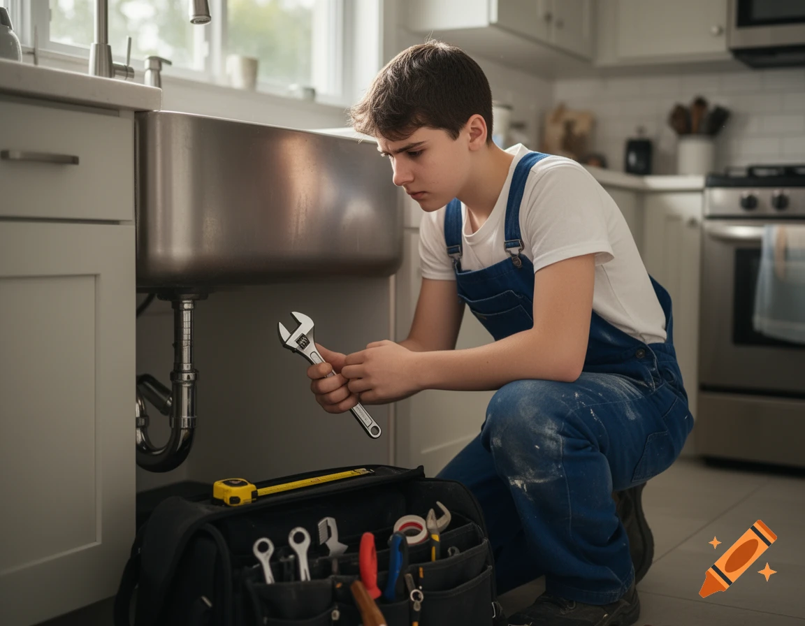 A young person in overalls holds a wrench, crouching to fix the plumbing under a kitchen sink next to a tool bag.