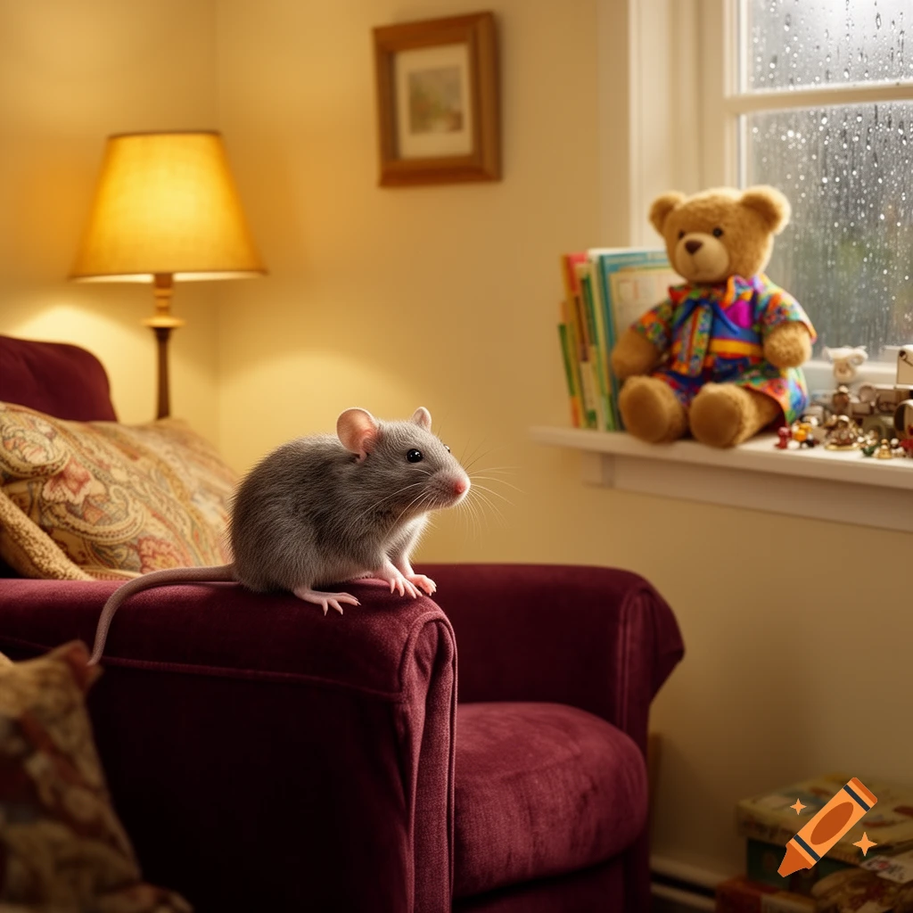 A photorealistic grey rat sits on a red armchair, looking towards a teddy bear on a windowsill as rain falls outside.
