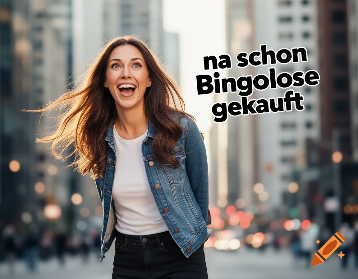 A jubilant woman with brown hair laughs enthusiastically, standing in a city street with text overlay "na schon Bingolose gekauft".