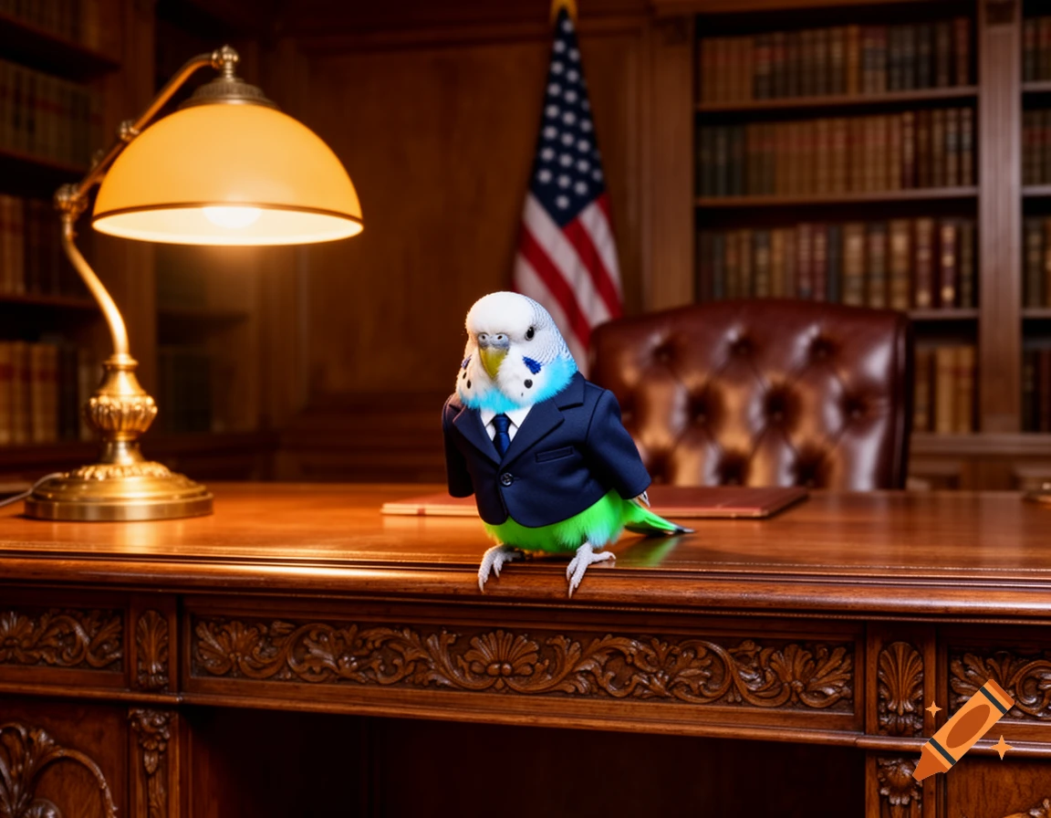 A photorealistic budgie wearing a blue suit and tie stands on a grand wooden desk in a richly paneled office with an American flag.