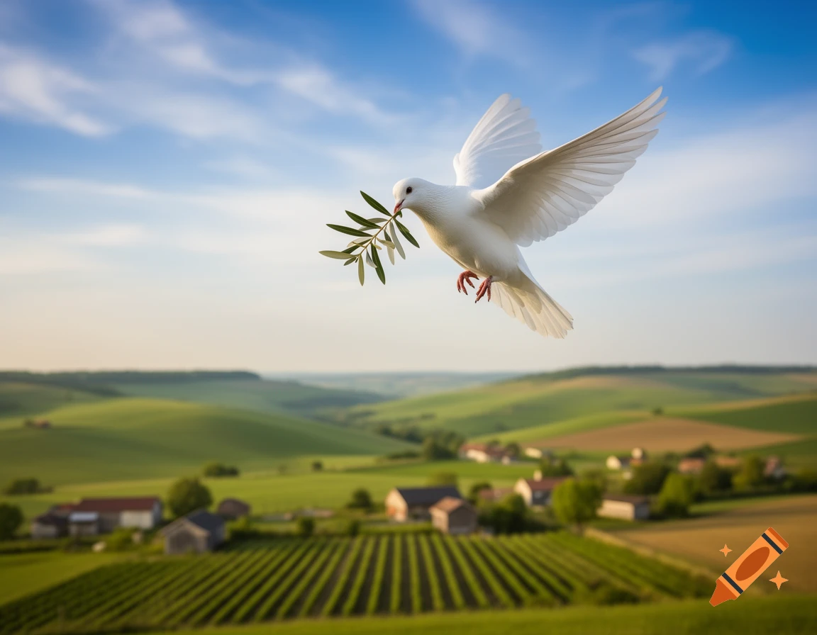 A white dove with an olive branch flies above a rolling green rural landscape under a blue sky.