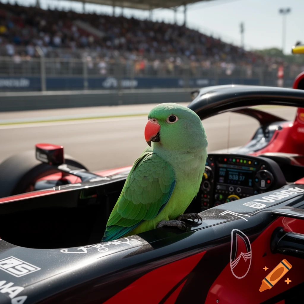 A vibrant green parrot perches on the side of a red and black Formula 1 race car on a sunny track with spectators.