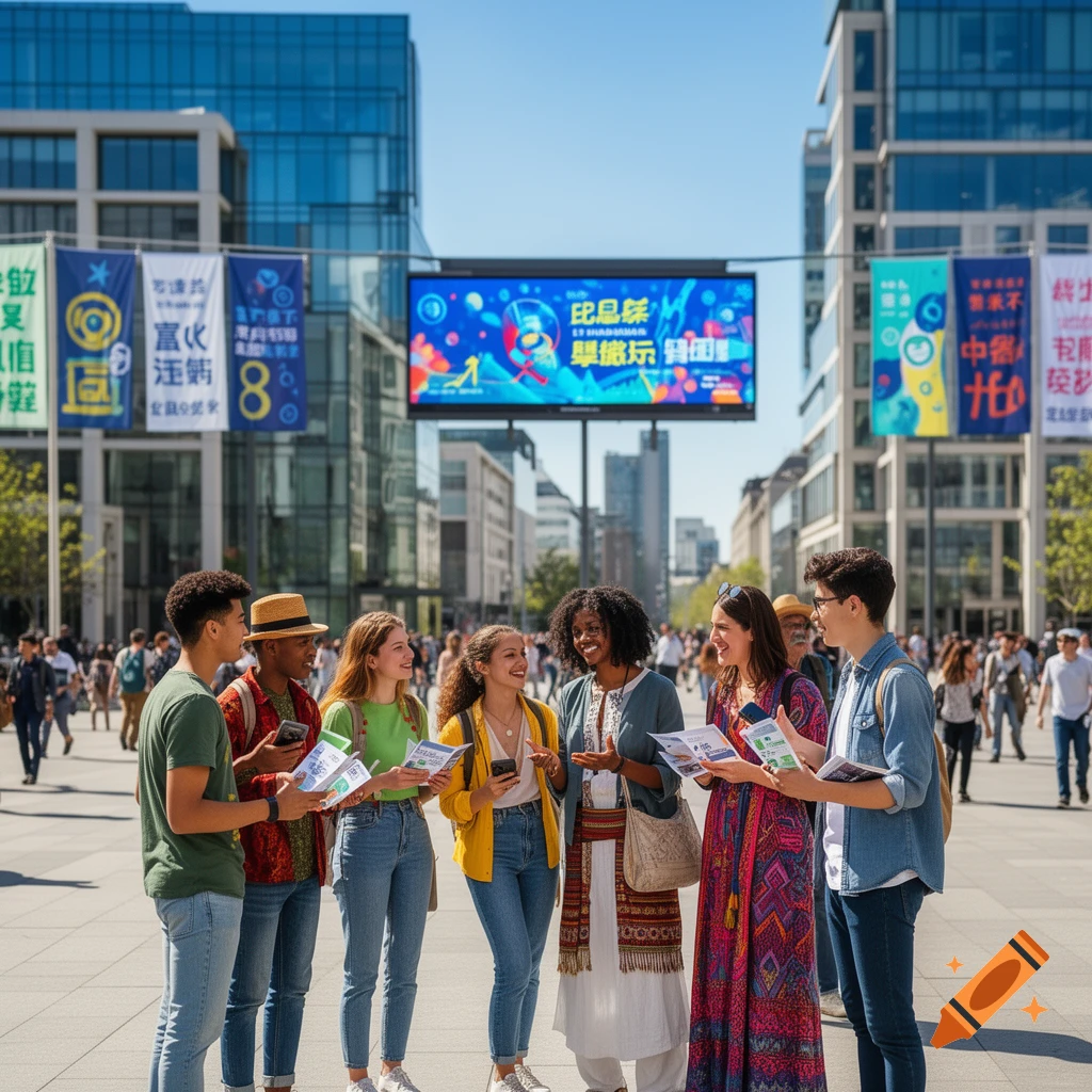 A diverse group of young adults stands chatting in a sunny urban plaza surrounded by modern buildings and people, holding leaflets.