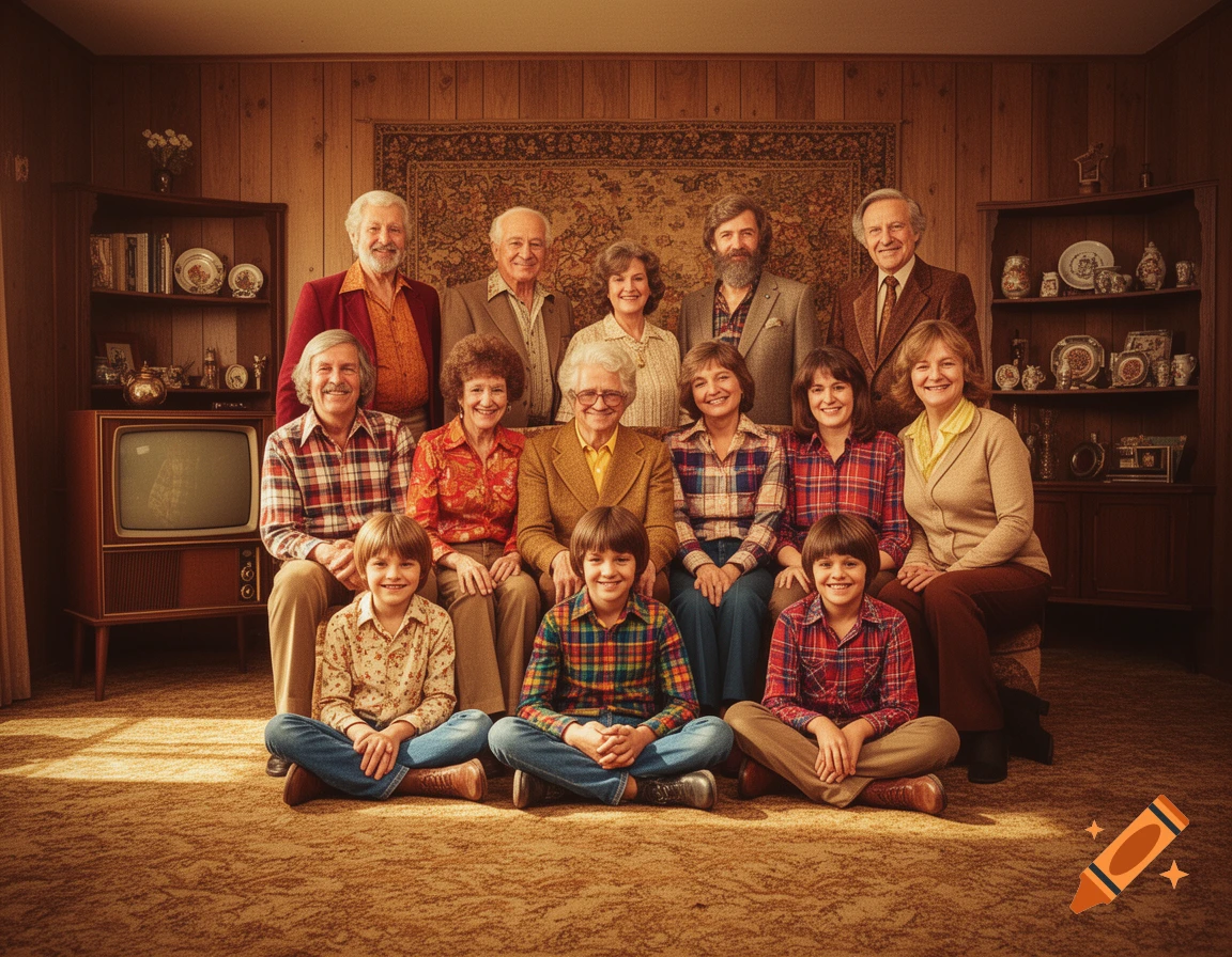 A large multi-generational family poses for a formal portrait in a 1970s living room with wood paneling.