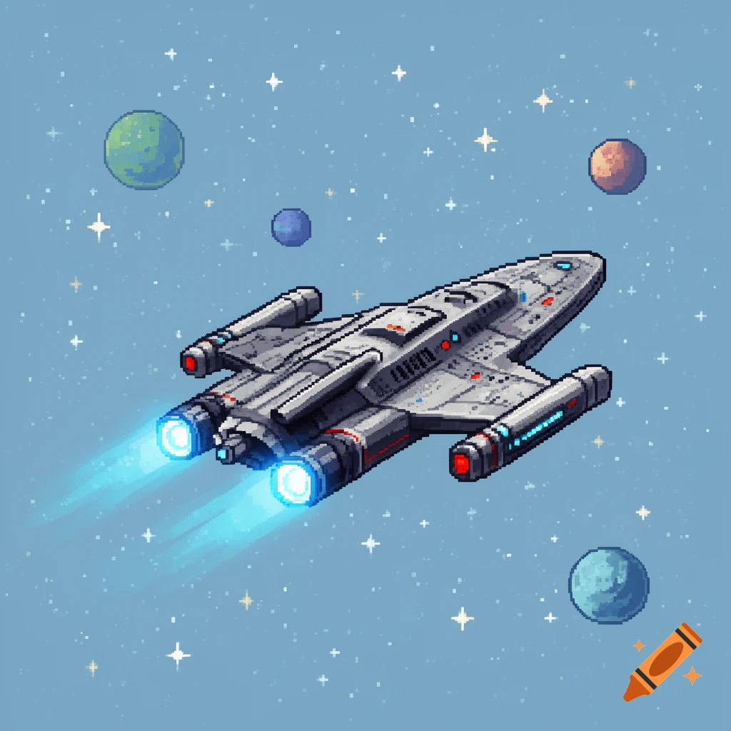 8-bit pixel art spaceship flying through space with colorful planets and stars in a light blue background.