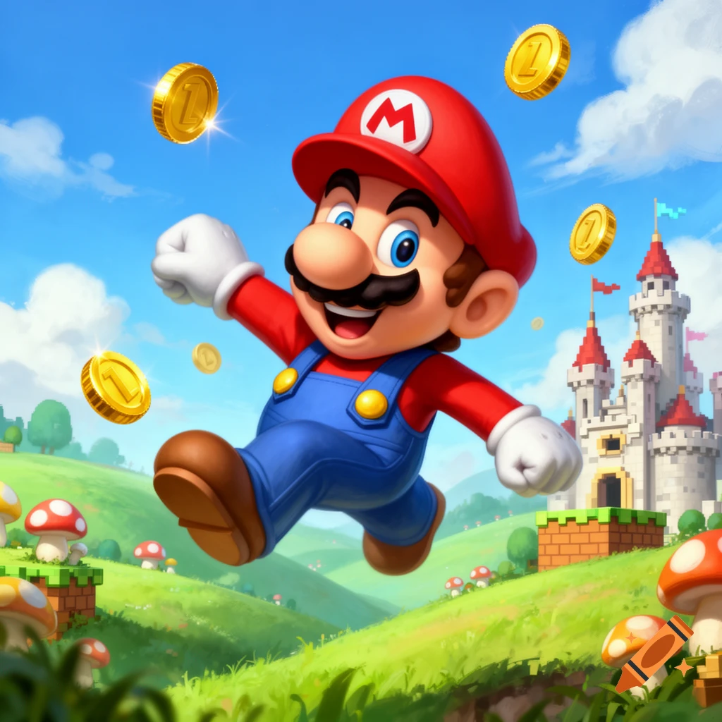 Super Mario jumps happily, surrounded by floating gold coins in a vibrant, grassy landscape with a castle and mushrooms under a blue sky.