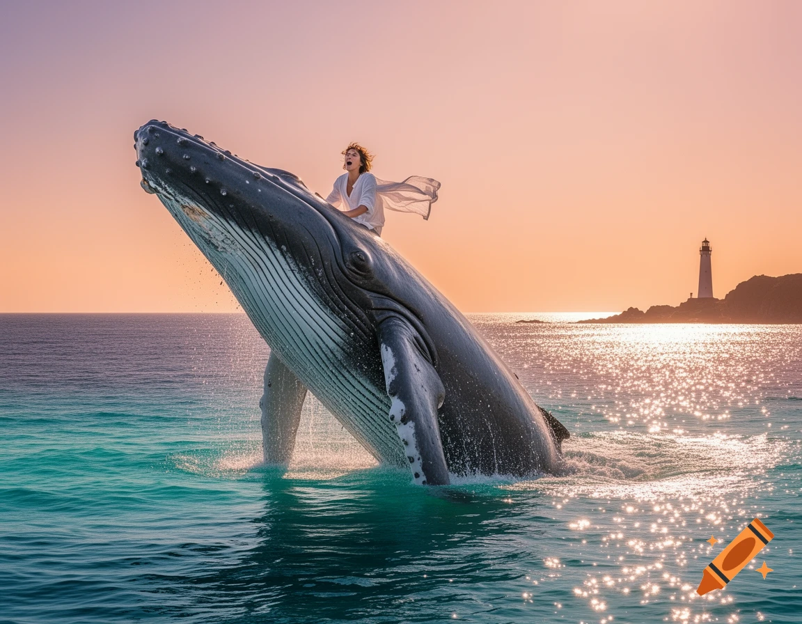 A person in flowing white clothes rides on the back of a breaching whale in a turquoise ocean at sunset, with a lighthouse in the distance.