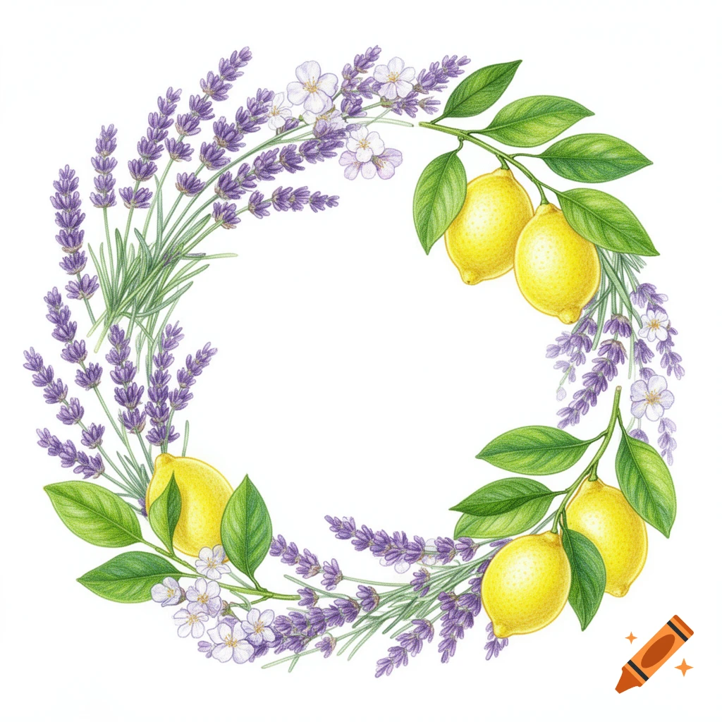A botanical illustration of a circular wreath featuring purple lavender flowers and bright yellow lemons with green leaves on a white background.
