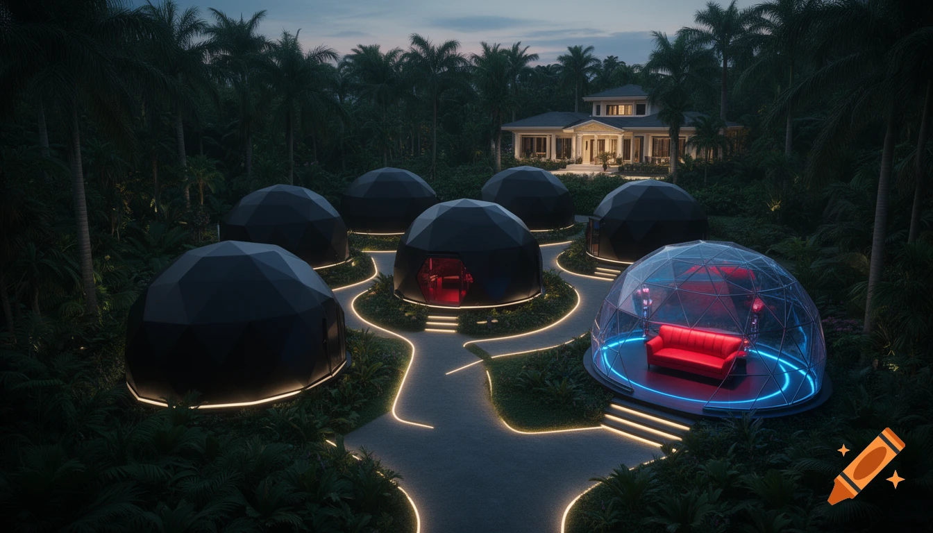 A high-angle view of a luxury eco-resort with black geodesic domes and a villa in a tropical jungle at dusk. Paths glow with LEDs.