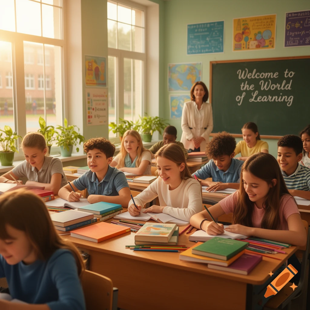 A diverse group of smiling elementary school students write at desks in a sunny classroom with their teacher at the blackboard.