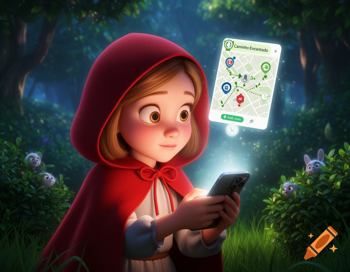 A 3D Pixar style illustration of Little Red Riding Hood looking at a glowing smartphone with a hovering map in an enchanted forest.