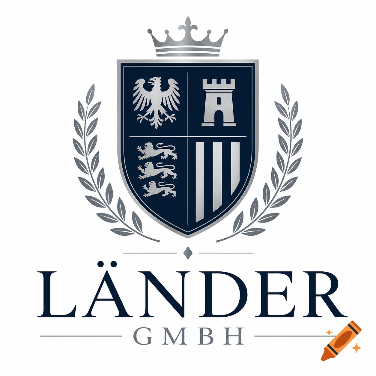 A dark blue and silver coat of arms logo featuring an eagle, castle, three lions, and vertical stripes, topped with a crown and flanked by olive branches. Text reads 'LÄNDER GMBH'.