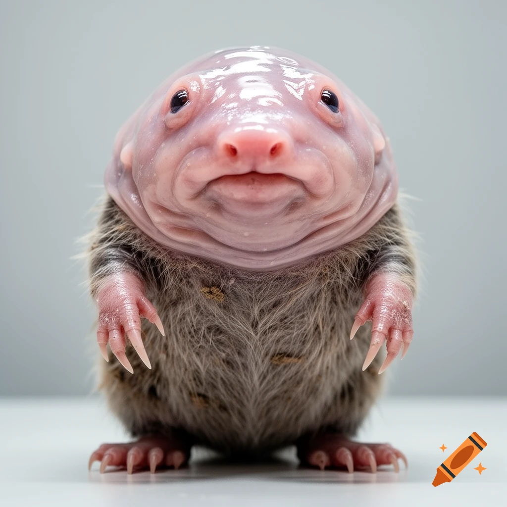 A photorealistic hybrid creature, a blobfish and mole rat mix, with a pink wrinkly head and a furry brown body with long claws.