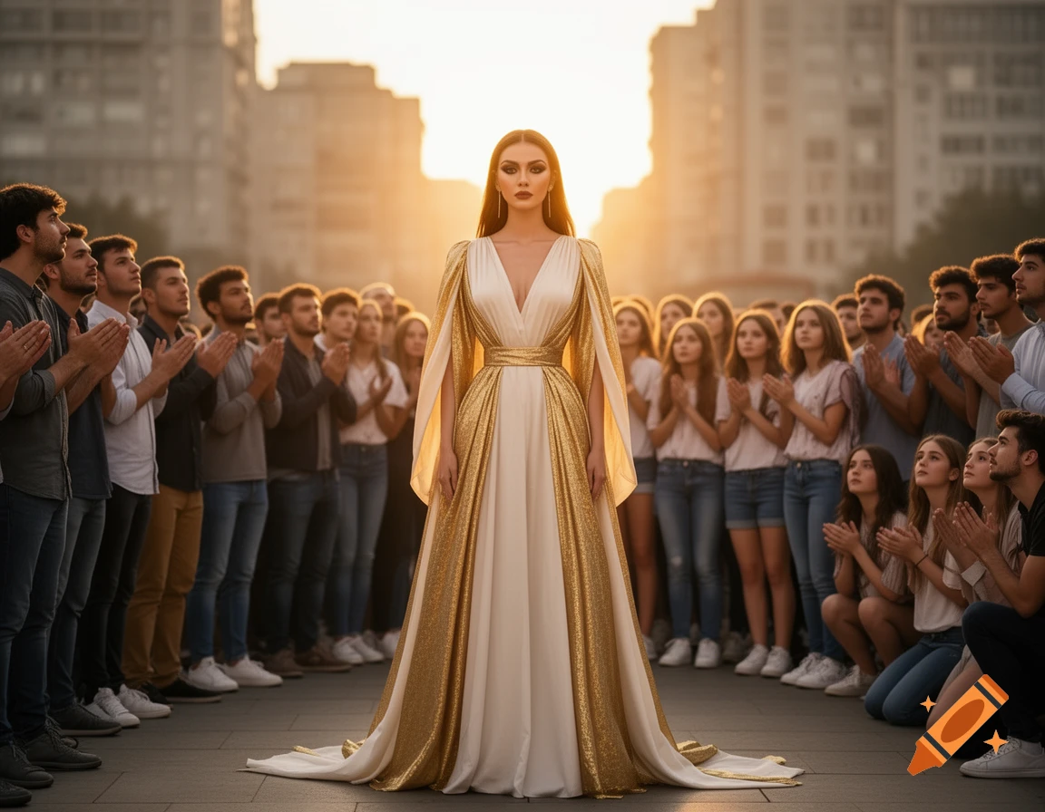 A woman in a flowing white and gold gown stands in a city street at ...