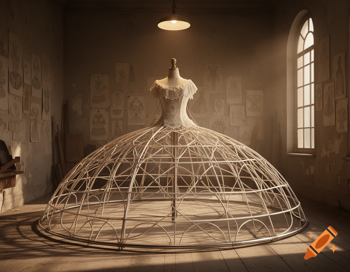 A historical crinoline cage and a lace bodice on a mannequin in a dimly lit room with fashion sketches on the walls.