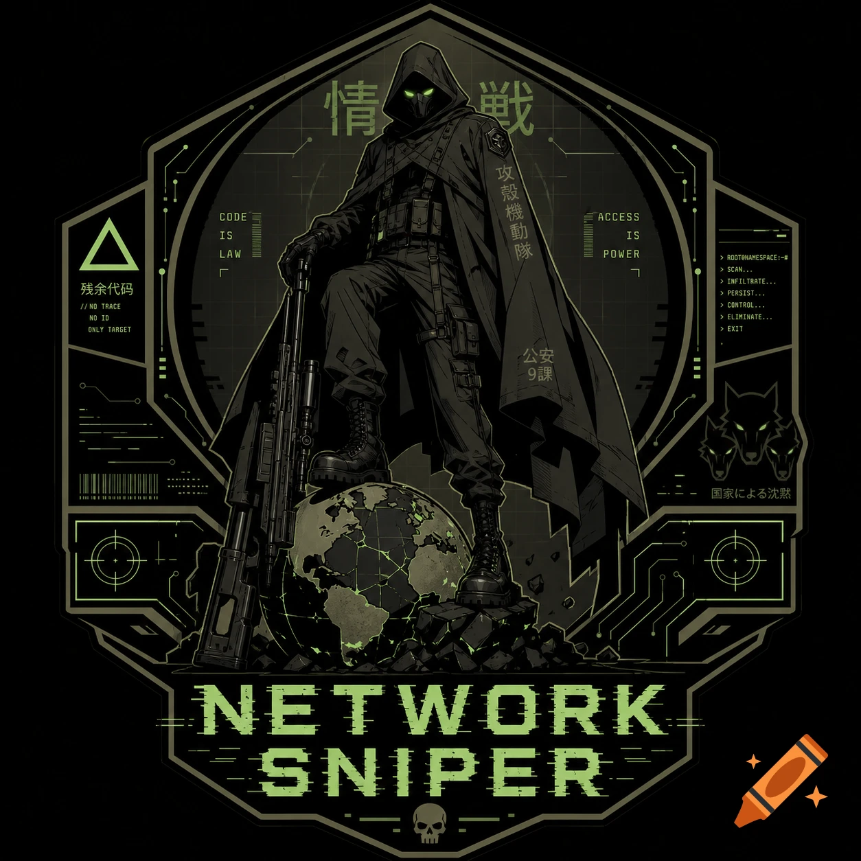 A stylized emblem featuring a hooded tactical sniper with glowing green eyes, standing on a cracked Earth globe, holding a futuristic rifle, surrounded by circuit board patterns and text in a dark green and black color scheme. The bottom reads "NETWORK SNIPER".