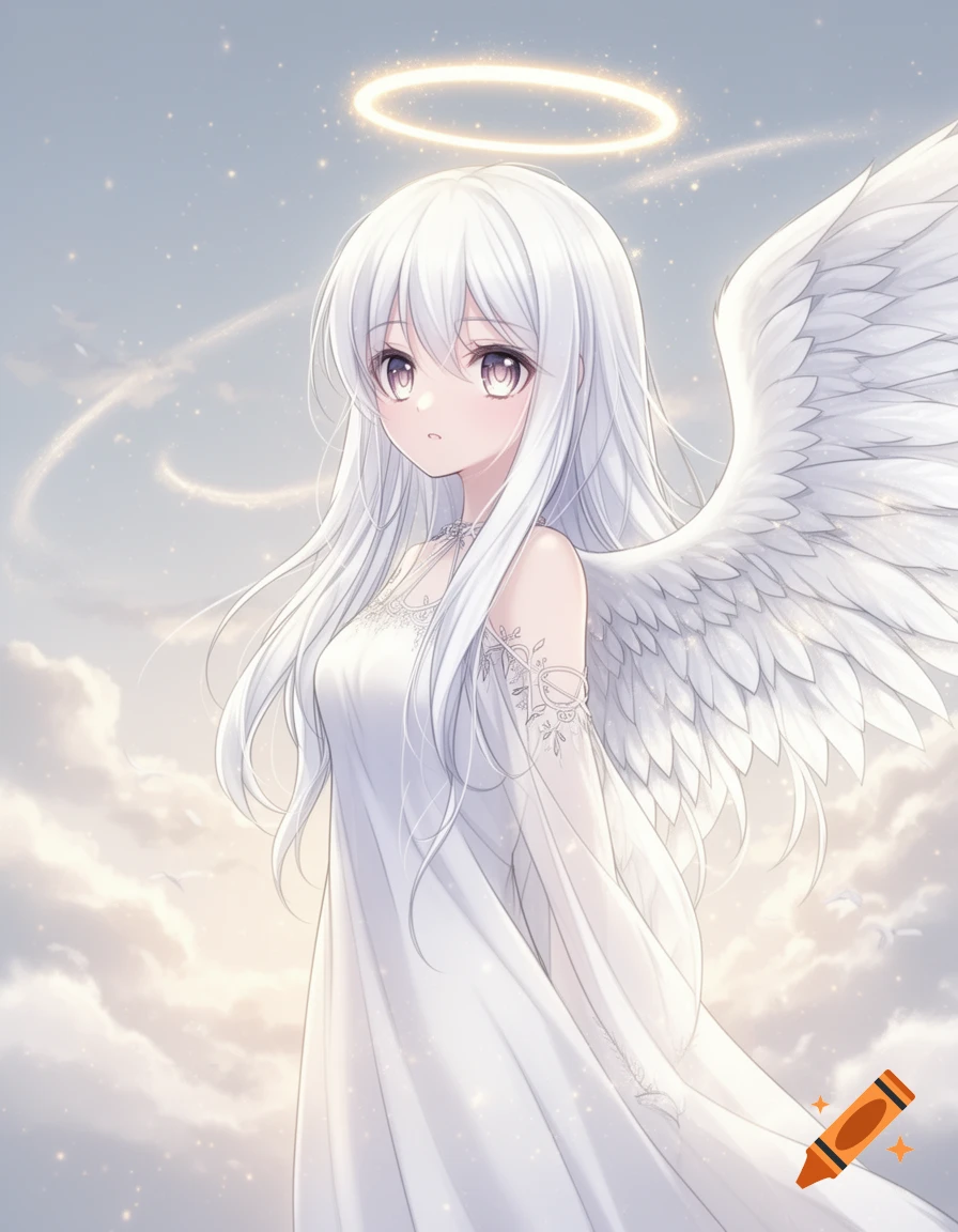 Anime girl with long white hair, purple eyes, large white angel wings, and a glowing halo against a soft, cloudy sky.