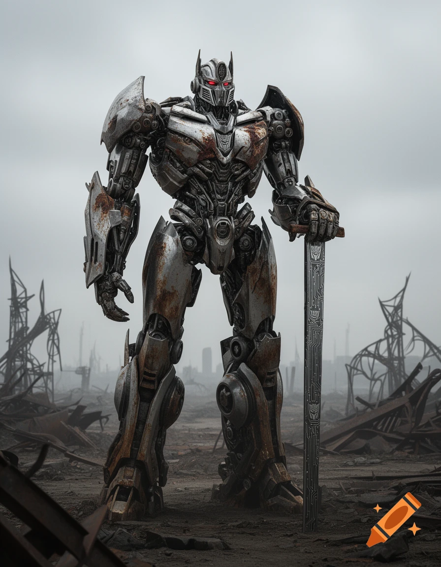 A weathered, rusty robot resembling Optimus Prime stands in a desolate, destroyed cityscape, holding a large sword.