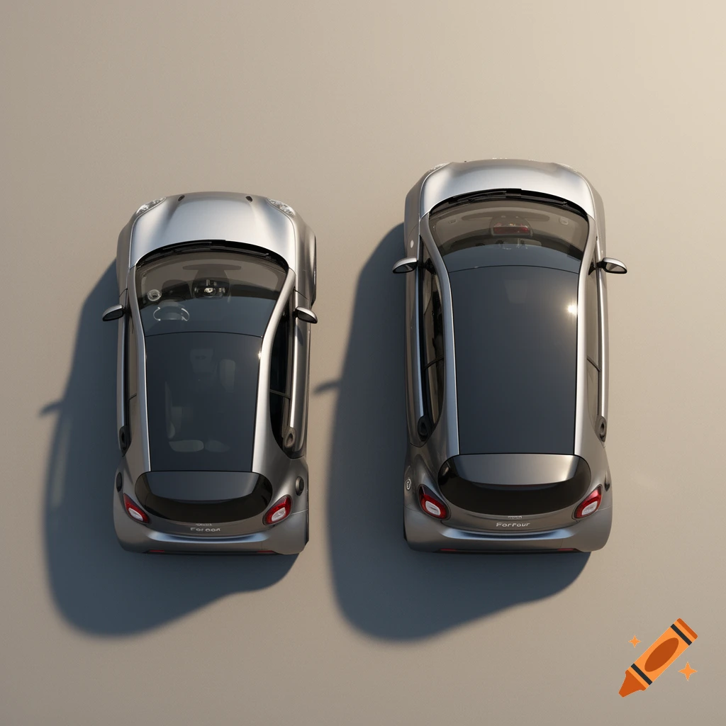 Aerial view of two silver Smart cars, a smaller one and a larger one, parked side by side.