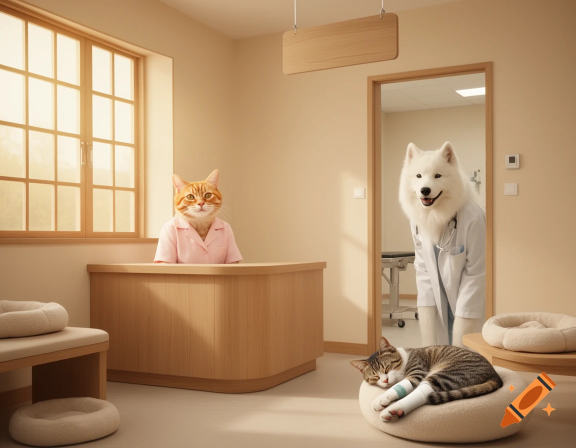 An anthropomorphic Samoyed veterinarian and a tabby cat nurse in a cozy, pet-friendly veterinary clinic, with a sleeping cat patient with a bandaged paw.
