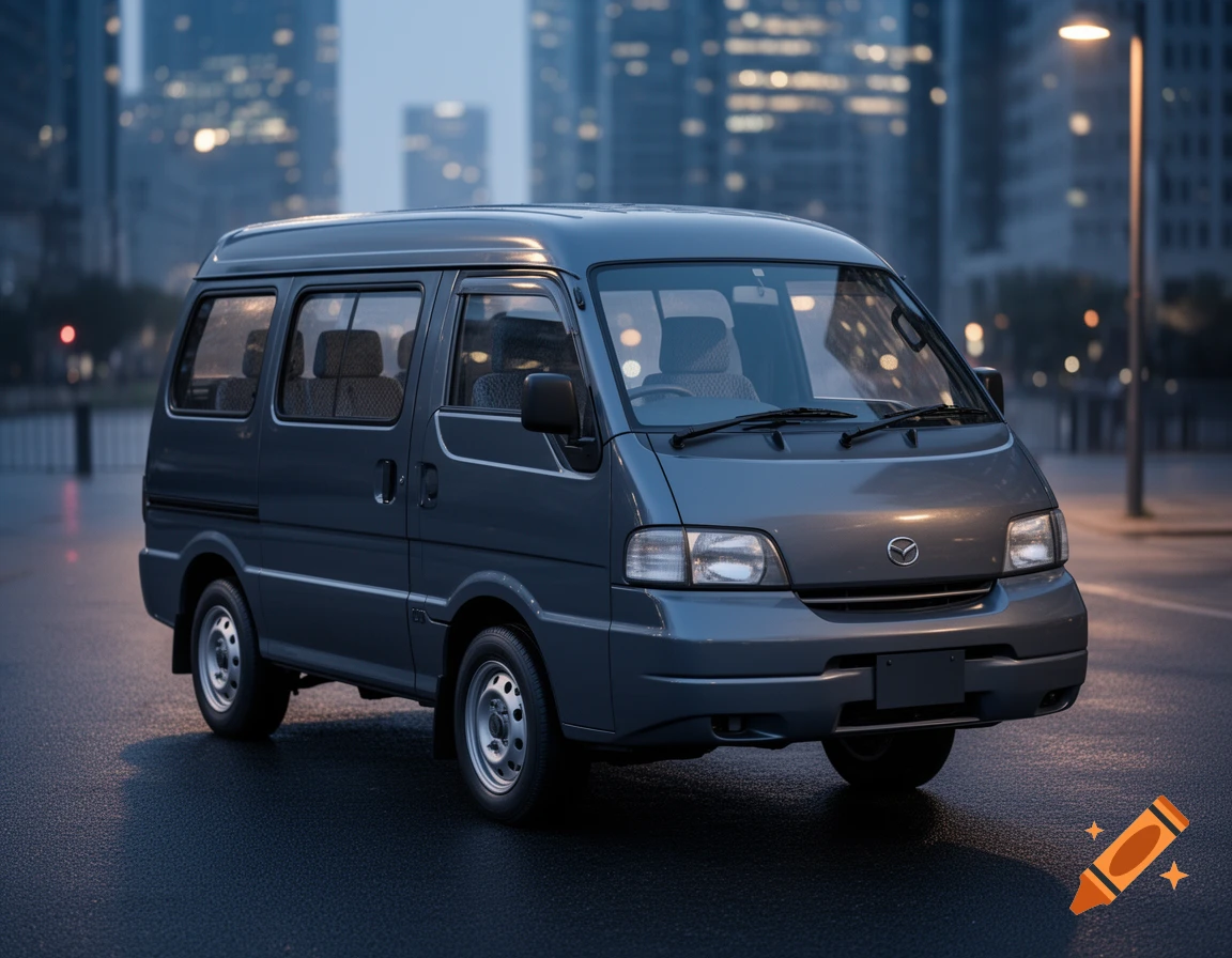 A dark gray blue Mazda Bongo van parked on a wet city street at dusk, with blurred city lights in the background.