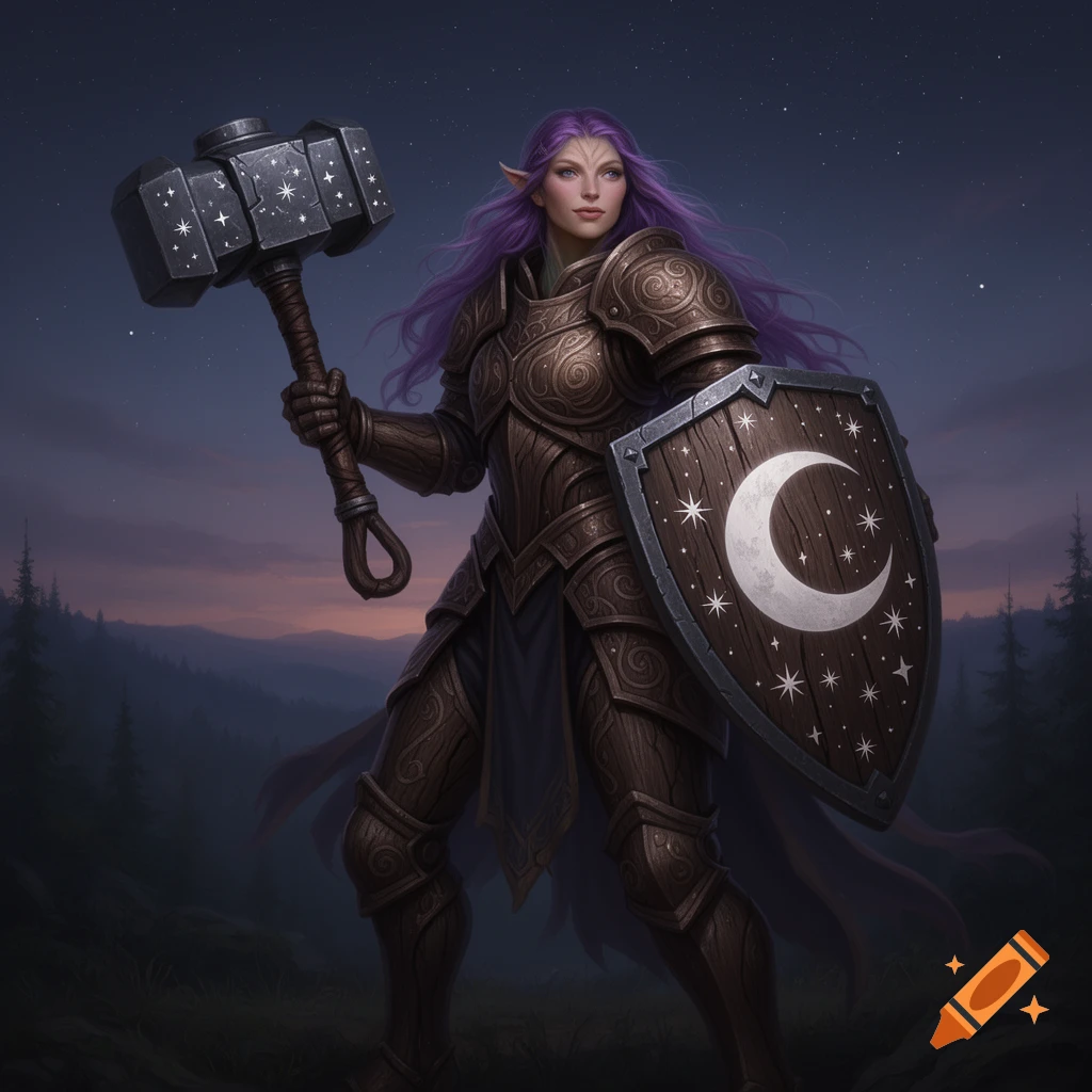 A purple-haired female fantasy warrior in detailed full plate armor holds a starry war hammer and a moon-and-star shield at twilight in a forest.