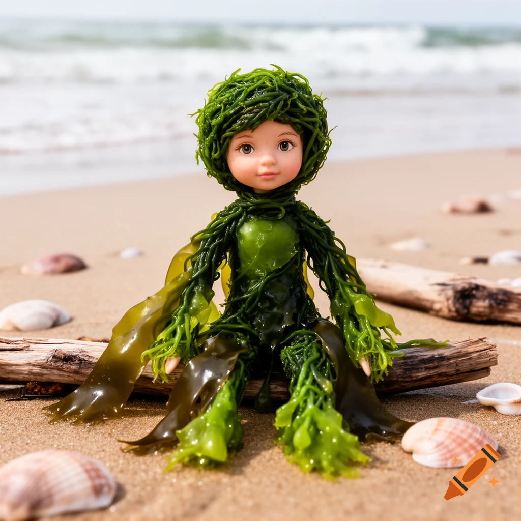 A photorealistic doll made of green seaweed sits on a sandy beach with seashells and driftwood near the ocean.