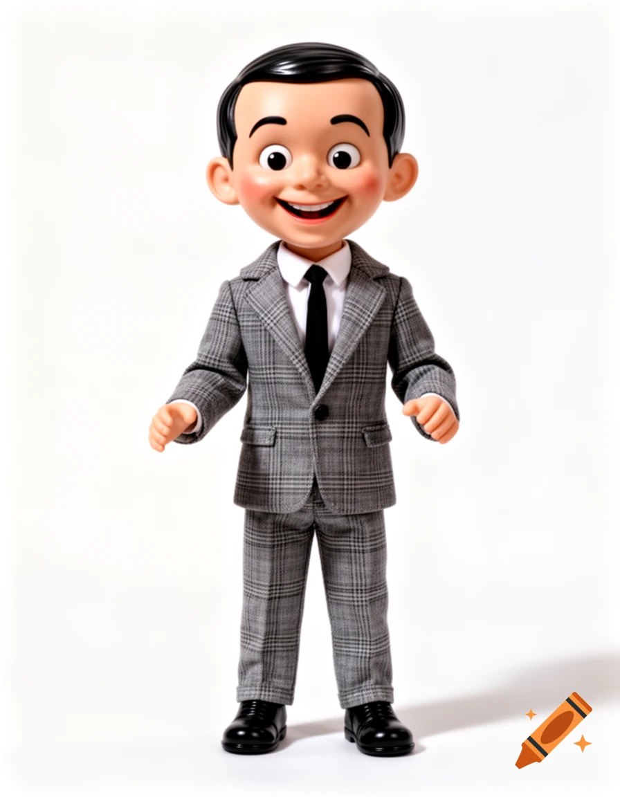 A full body shot of a vintage Kenner-style action figure of Pee-wee Herman in a grey plaid suit, smiling against a white background.