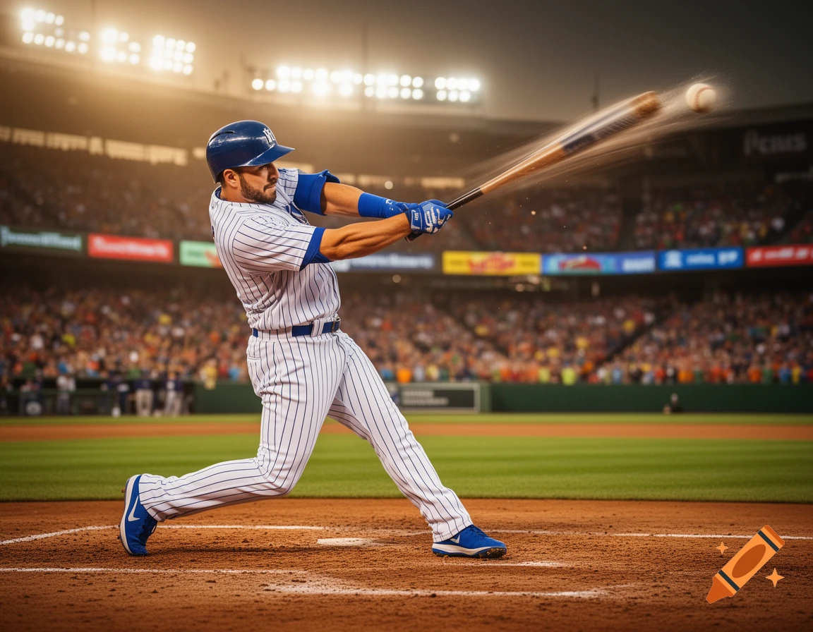 A male baseball player in uniform powerfully swings a bat, hitting a baseball in a brightly lit stadium during a game. Photorealistic style.