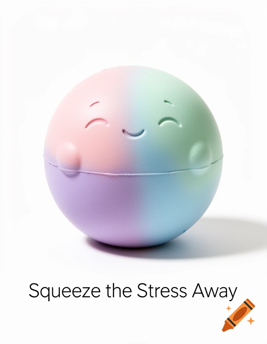 A pastel rainbow stress ball with a happy face on a white background, with the text 'Squeeze the Stress Away' below.