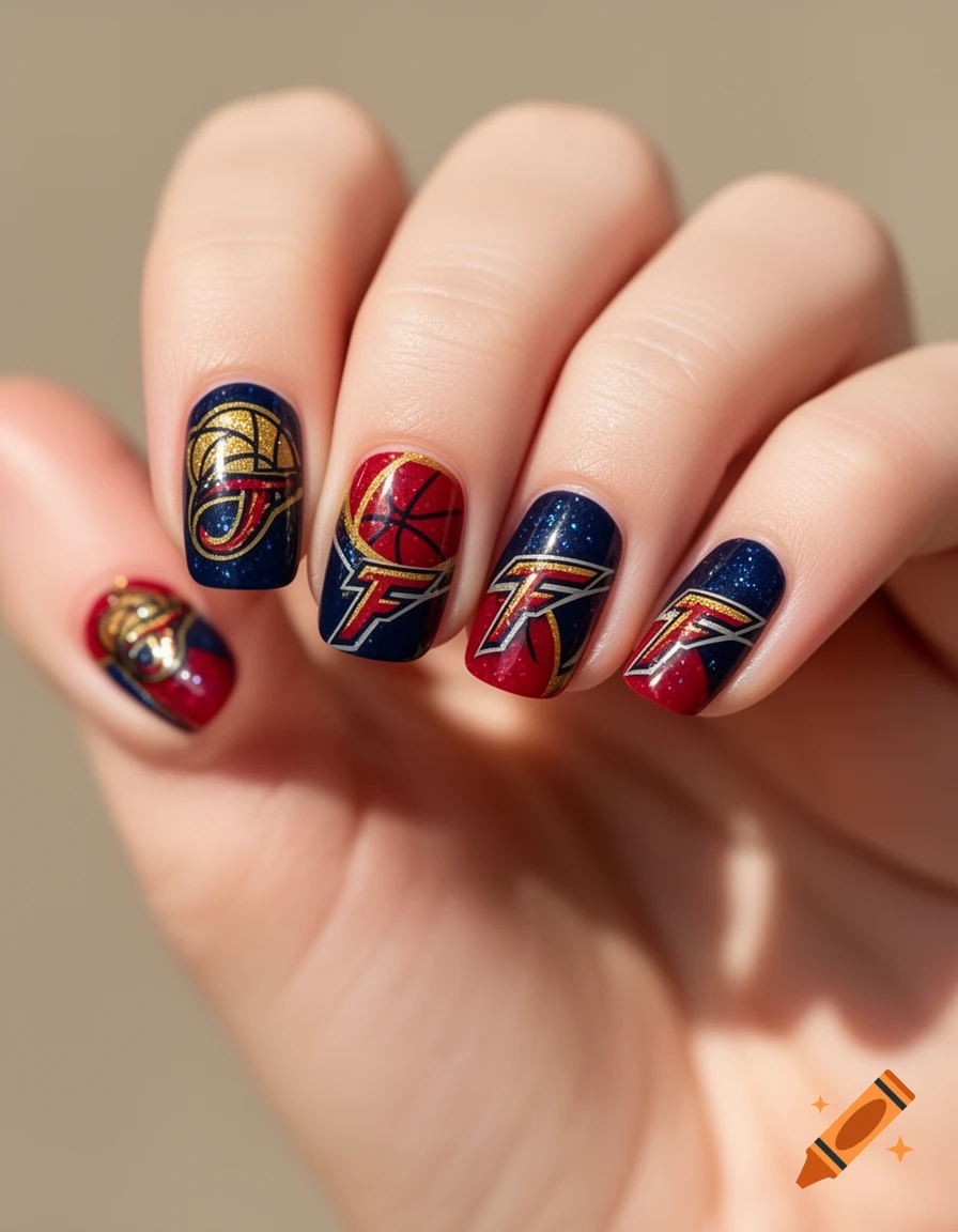 A close-up of a hand with fingers showing fingernails painted in dark blue, red, and gold, featuring stylized basketball and letter designs.