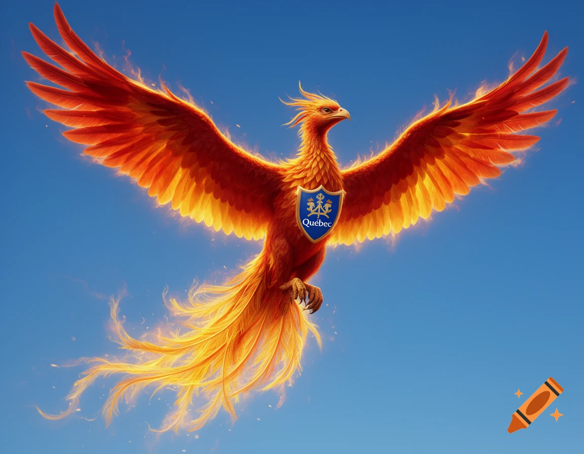 A majestic fiery orange and red phoenix with outstretched wings flies in a vibrant blue sky, featuring a blue shield with the word "Québec" on its chest.