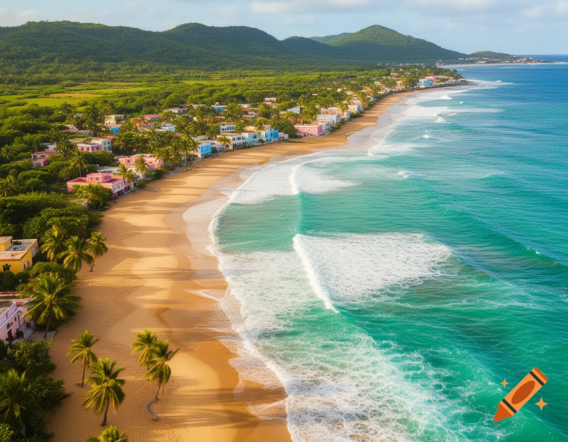 Aerial view of a tropical beach with turquoise ocean waves, sandy shore, colorful houses, and lush green mountains.