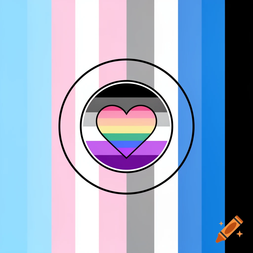 Pride flag composition featuring transgender, demiboy, asexual flags, and an omniromantic heart.