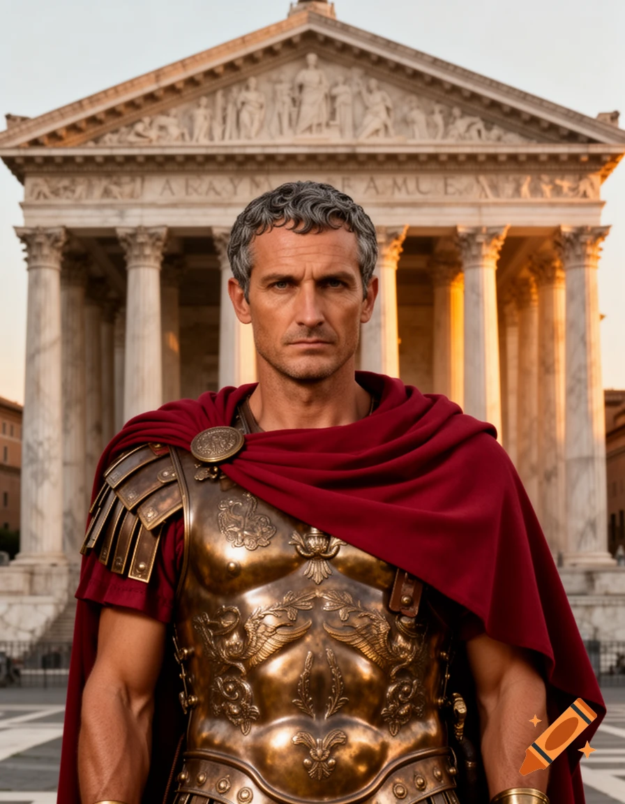A stern Roman general in bronze armor and a red cape stands before a classical building under a golden sky.