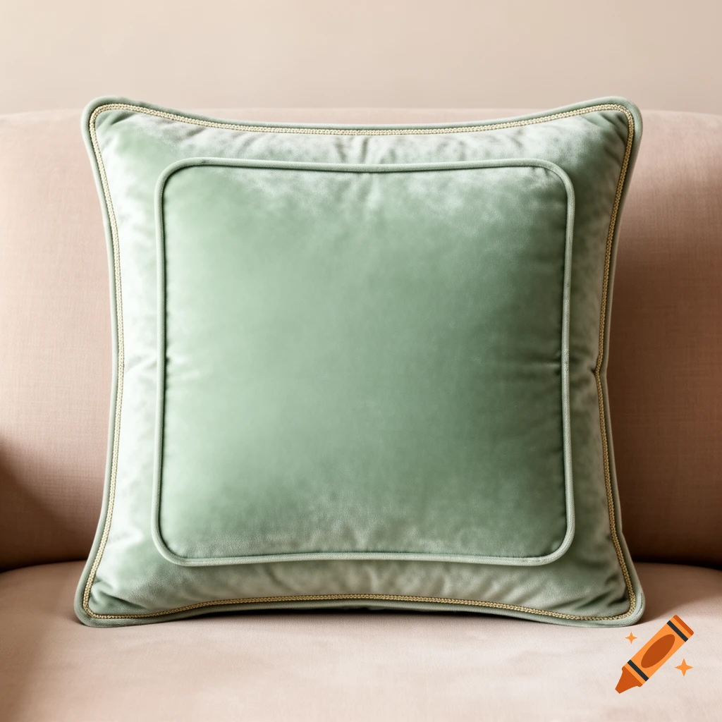 A square seafoam green velvet cushion with gold piping rests on a light pink sofa.